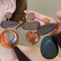 Vintage Ethnic Resin Wood Heart Teardrop Round Pendant Drop Earrings With Silver Pins view 2