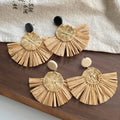 Bohemian Raffia Straw Woven Fan Tassel Alloy Drop Earrings For Women Summer Vacation Earrings view 4