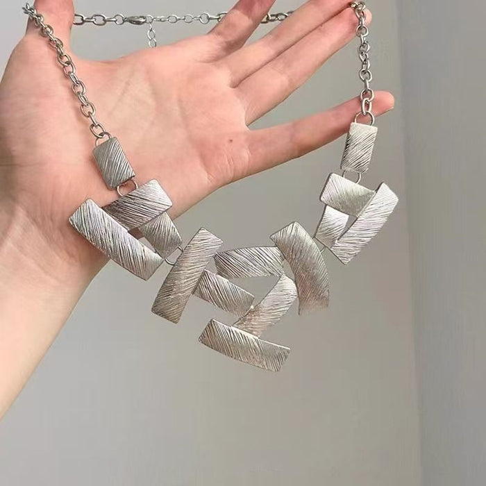 Metallic Alloy Geometric Square Textured Pendant Sweater Necklace For Women