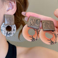 Ethnic Vintage Geometric Wood And Printed Resin Round Pendant Drop Earrings With Silver Pins view 1