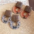 Ethnic Vintage Geometric Wood And Printed Resin Round Pendant Drop Earrings With Silver Pins view 4