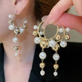 Court Style Geometric C-Shaped Hoop Earrings With Faux Pearl Tassel And Silver Posts view 1