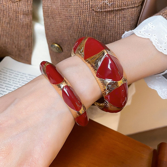 French Vintage Alloy Enamel Geometric Oval Open Bangle Minimalist Fashion Jewelry