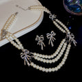 Elegant Light Luxury Alloy Rhinestone Bow Pearl Beaded Earrings Necklace Jewelry Set view 2