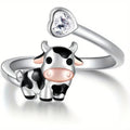 Korean Cute Calf Ring With Heart Shape Open Adjustable Band, Milk Cow Oil Painting Style Jewelry view 1