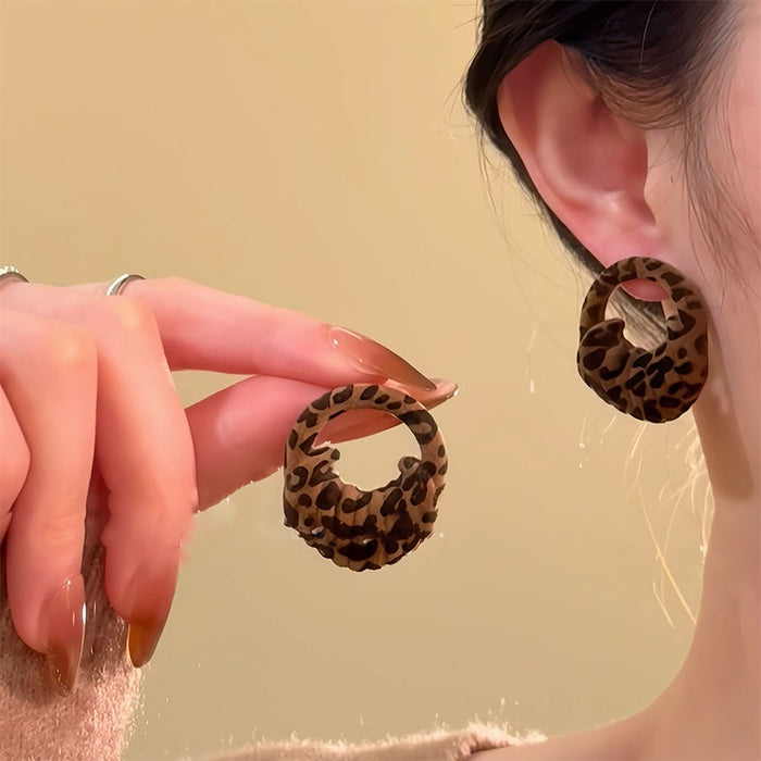 Maillard Style Flocked Leopard Print Geometric Round Square Stud Earrings With Silver Posts