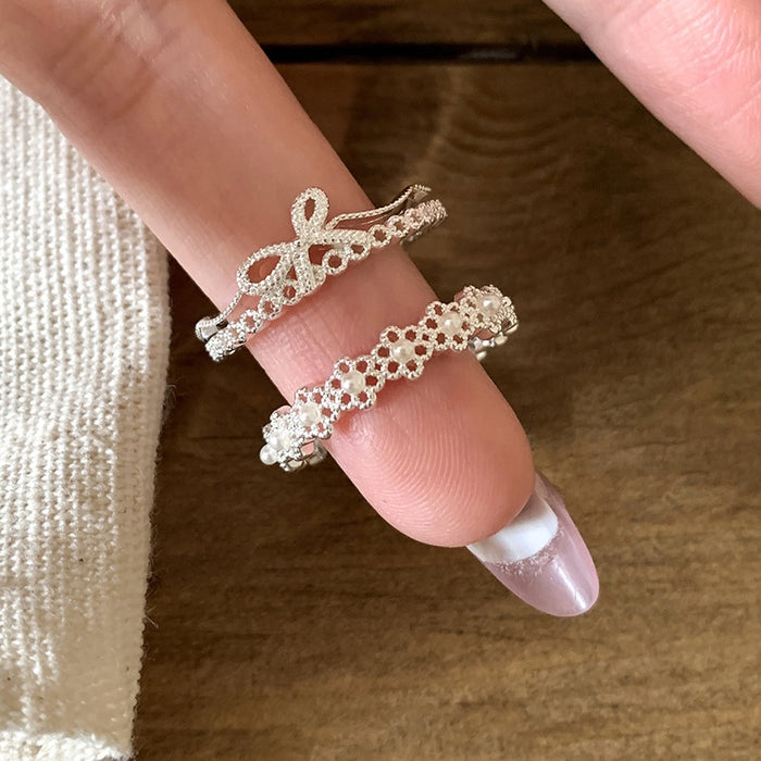 Light Luxury Copper Zircon Bow Flower Pearl Open Ring For Women Minimalist Style