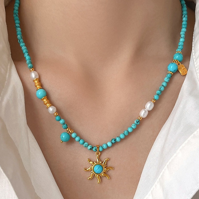 Ethnic Vintage Turquoise Pearl Beaded Sun Pendant Sweater Necklace