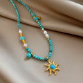 Ethnic Vintage Turquoise Pearl Beaded Sun Pendant Sweater Necklace view 2
