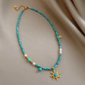 Ethnic Vintage Turquoise Pearl Beaded Sun Pendant Sweater Necklace view 4