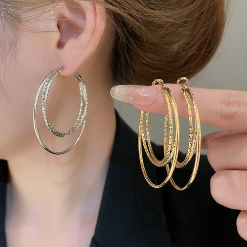 18K Gold Plated Copper Silver Needle Round Triple Layer Dangle Hoop Earrings for Women, European And American Fashion Je