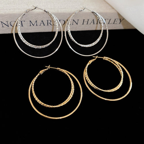 18K Gold Plated Copper Silver Needle Round Triple Layer Dangle Hoop Earrings for Women, European And American Fashion Je