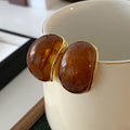 18K Gold Plated Resin Oval Stud Earrings With Silver Pins, Minimalist Retro Maillard Style view 4