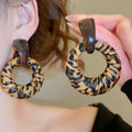 Maillard Style PU Leather Leopard Print Resin Geometric Round Pendant Drop Earrings for Women view 4