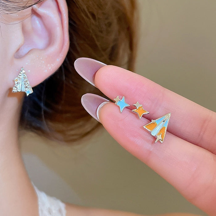 Cute Cartoon Alloy Enamel Mini Hexagram Star Airplane Stud Earrings For Women