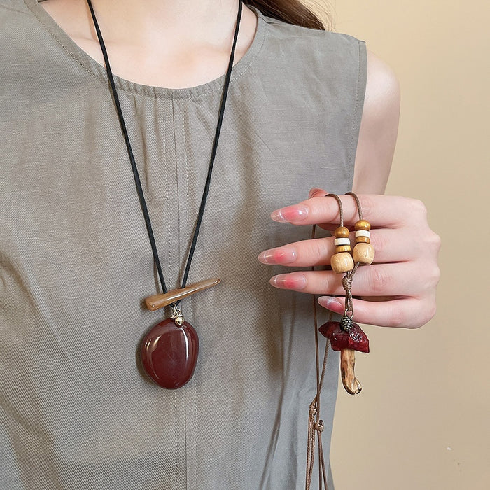 Vintage Ethnic Wood Bead Sweater Necklace With Resin Round Mushroom Pendant For Women