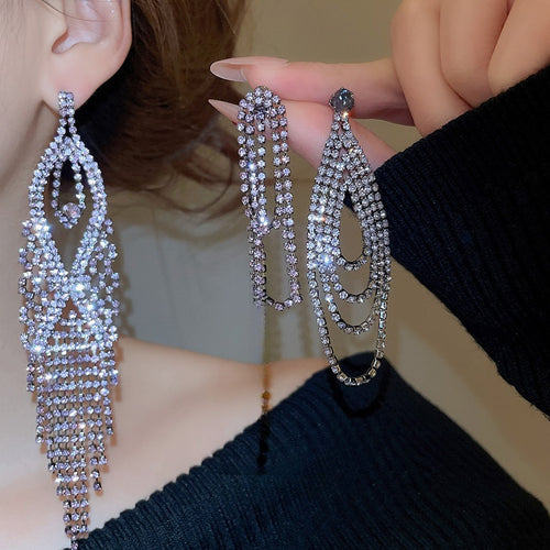 Copper Sparkling Rhinestone Geometric Teardrop Layered Tassel Drop Earrings For Women