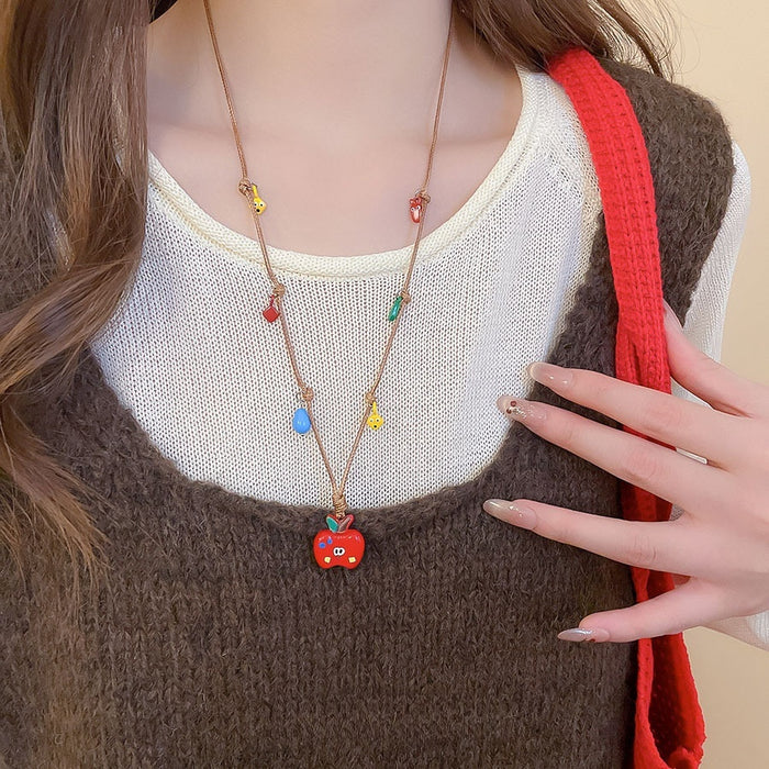 Dopamine Colorblock Enamel Alloy Apple Waterdrop Diamond Pendant Sweater Necklace For Women