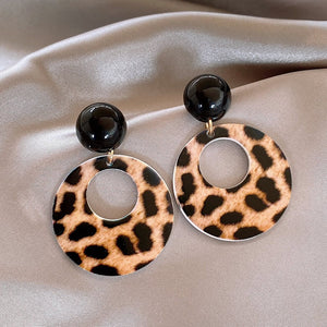 European Style Acrylic Leopard Print Hollow Round Pendant Drop Earrings With Silver Pins