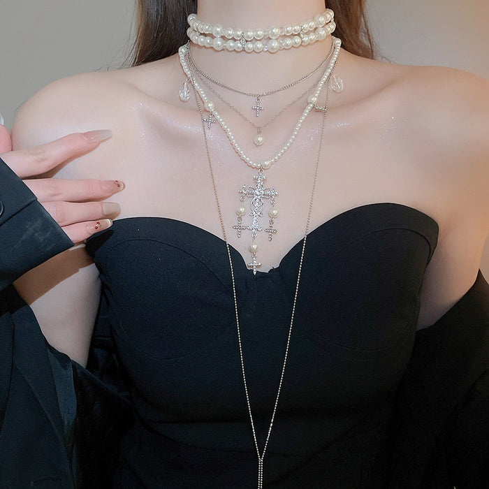 Light Luxury Alloy Pearl Beaded Cross Pendant Layered Necklace For Women