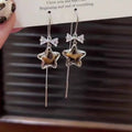 Korean Light Luxury Copper Zircon Leopard Star Bow Pendant Threader Drop Earrings view 1