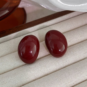 Hong Kong Style Vintage Red Enamel Geometric Oval Alloy Stud Earrings With Silver Pins