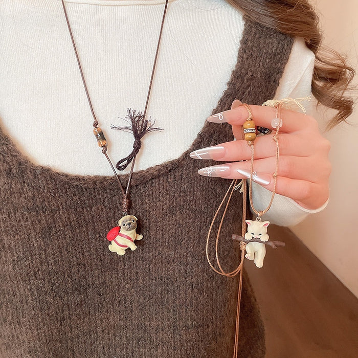 Vacation Style Cat And Dog Wood Bead Ceramic Beaded Wax Cord Sweater Necklace