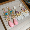 Court Style Resin Shell Flower Teardrop Crystal Tassel Drop Earrings With Silver Pins view 2