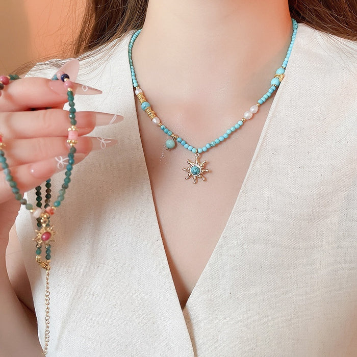 French Court Style Freshwater Pearl Beaded Geometric Sun Pendant Necklace For Women