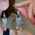 Sparkling Rhinestone Leaf Tassel Copper Hook Drop Earrings Minimalist Light Luxury Jewelry view 1