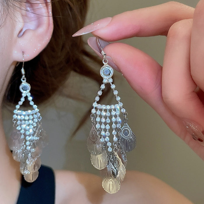 Sparkling Rhinestone Leaf Tassel Copper Hook Drop Earrings Minimalist Light Luxury Jewelry