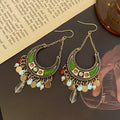 Bohemian Ethnic Crescent Hoop Tassel Alloy Enamel Rhinestone Pearl Crystal Vintage Luxury Dangle Earrings view 2