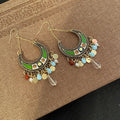 Bohemian Ethnic Crescent Hoop Tassel Alloy Enamel Rhinestone Pearl Crystal Vintage Luxury Dangle Earrings view 4