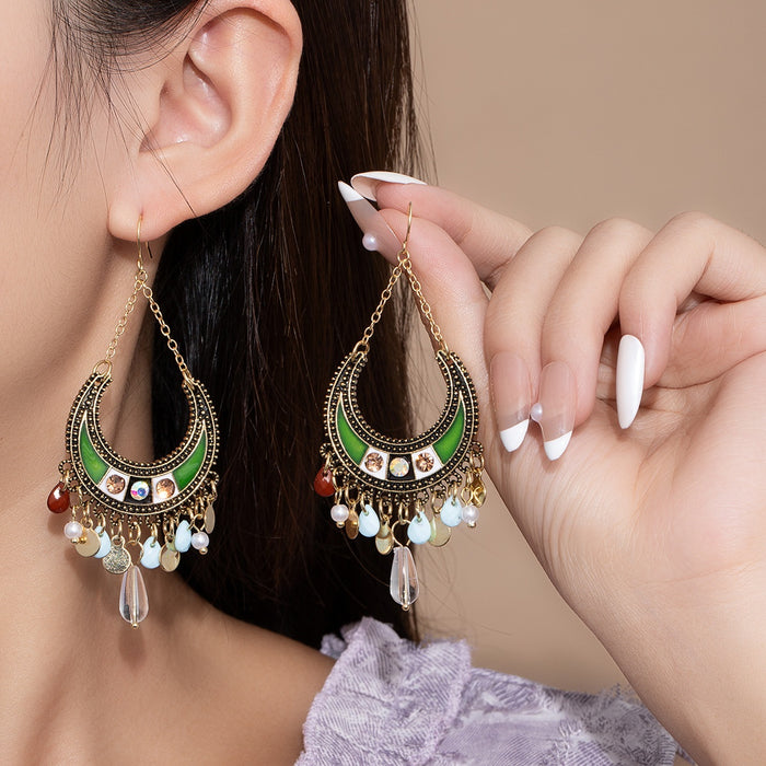 Bohemian Ethnic Crescent Hoop Tassel Alloy Enamel Rhinestone Pearl Crystal Vintage Luxury Dangle Earrings