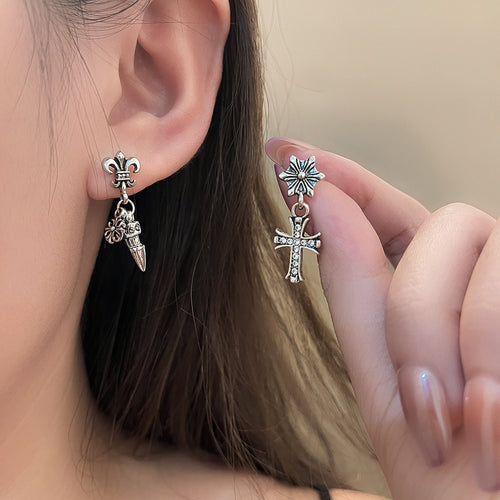 Vintage Asymmetric Cross Tassel Stud Earrings For Women, Silver Alloy Rhinestone Fleur De Lis Earrings
