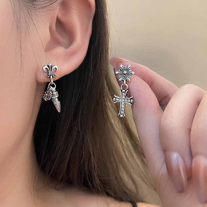 Vintage Asymmetric Cross Tassel Stud Earrings For Women, Silver Alloy Rhinestone Fleur De Lis Earrings
