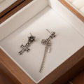 Vintage Asymmetric Cross Tassel Stud Earrings For Women, Silver Alloy Rhinestone Fleur De Lis Earrings view 4