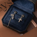 Vintage Asymmetric Cross Tassel Stud Earrings For Women, Silver Alloy Rhinestone Fleur De Lis Earrings view 3
