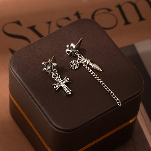 Vintage Asymmetric Cross Tassel Stud Earrings For Women, Silver Alloy Rhinestone Fleur De Lis Earrings