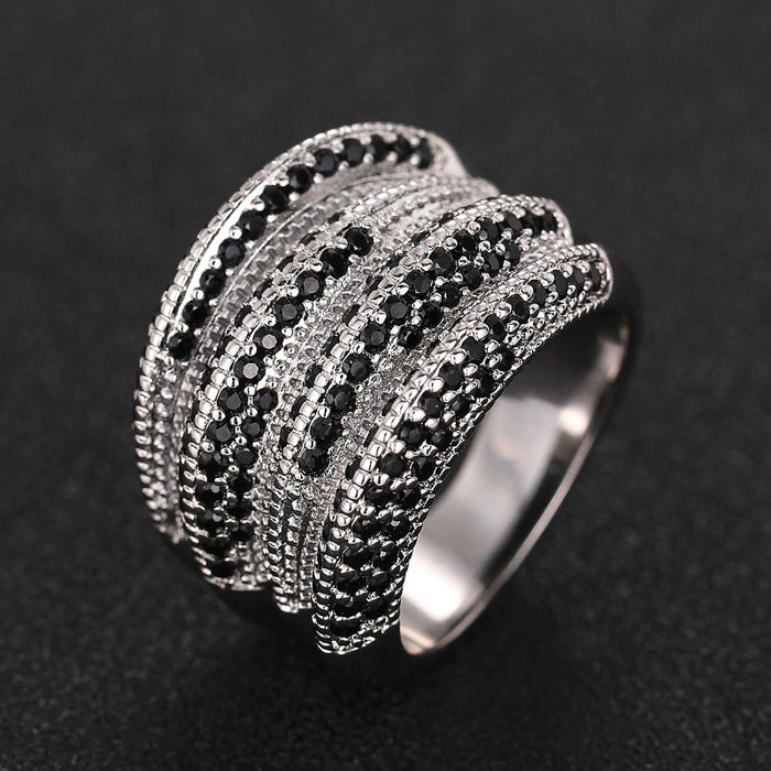 Sweet Cool Irregular Layered Ring For Women With Micro Pave Black Nano Stone Design