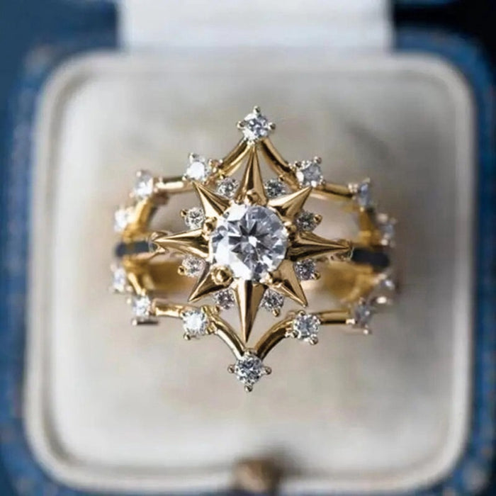 Egyptian Sun Ray Ring For Women Star Shaped Hollow Metal With Round Cubic Zirconia