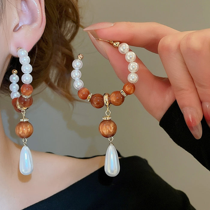 Chic Resin Pearl Beaded Teardrop Drop Earrings With Silver Pins For Elegant Women