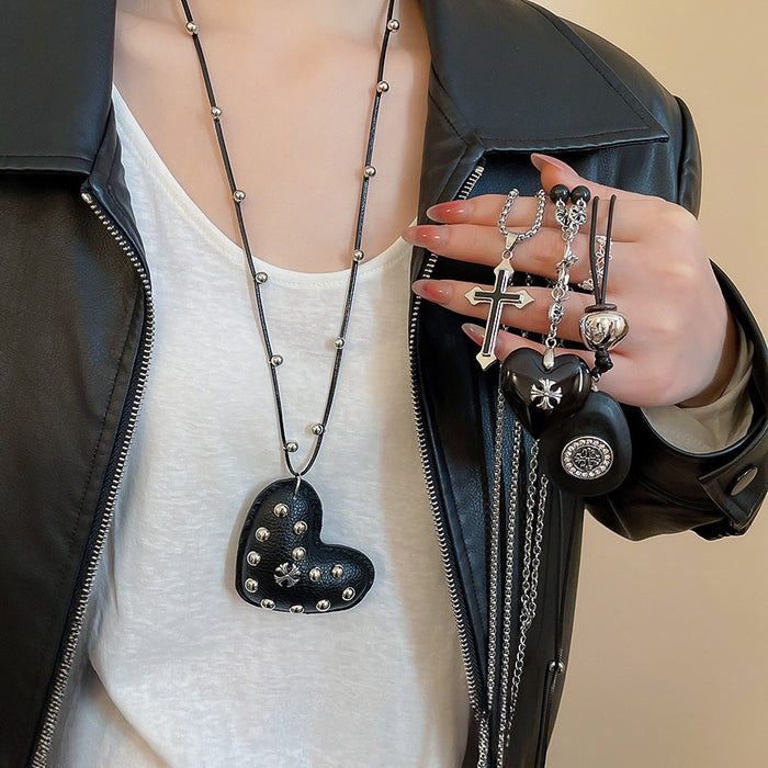 Light Luxury Leather Sweater Necklace With Enamel Cross Heart Oval Pendant For Women