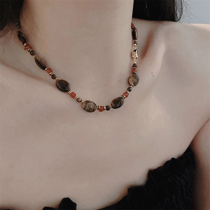 18K Gold Plated Tiger Eye Crystal Beaded Ethnic Vintage Oval Geometric Sweater Necklace