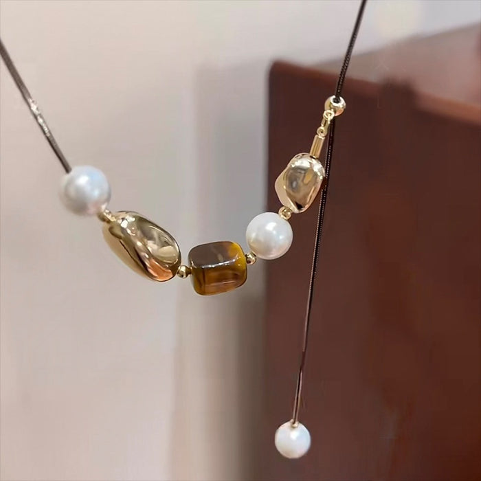 Maillard Style Tiger Eye Pearl Pendant Sweater Necklace Vintage Geometric Round Collarbone Chain
