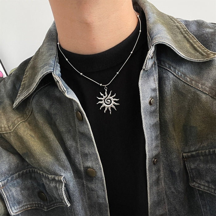 Copper Hollow Round Sun Pendant Sweater Necklace Minimalist Geometric Clavicle Chain