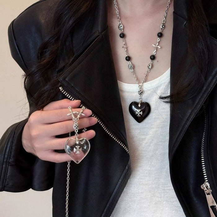 Style Stone Beaded Heart Cross Pendant Sweater Necklace For Women Hip Hop Geometric Jewelry
