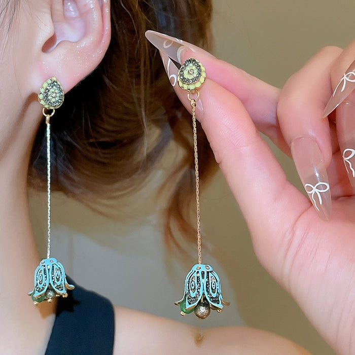 Light Luxury Alloy Enamel Floral Rhinestone Teardrop Tassel Drop Earrings For Women