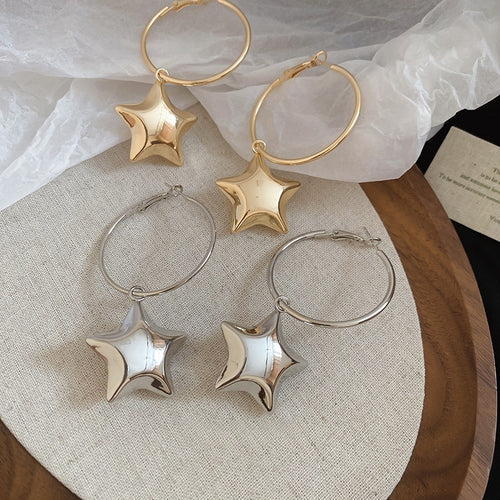 Metal Geometric Round Star Pendant Hoop Earrings Minimalist European Style For Women