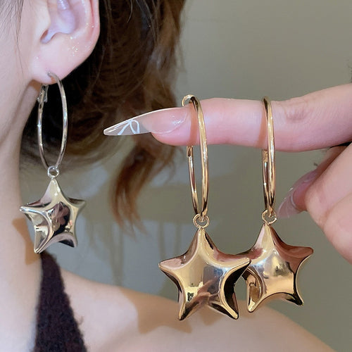 Metal Geometric Round Star Pendant Hoop Earrings Minimalist European Style For Women